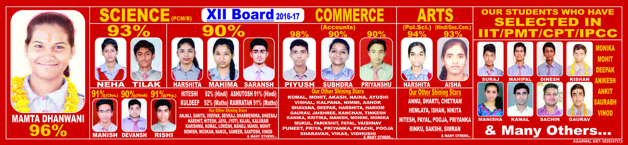 Class 12 board result 2016-17 poster with Mamta Dhanwani at 96% and stream toppers